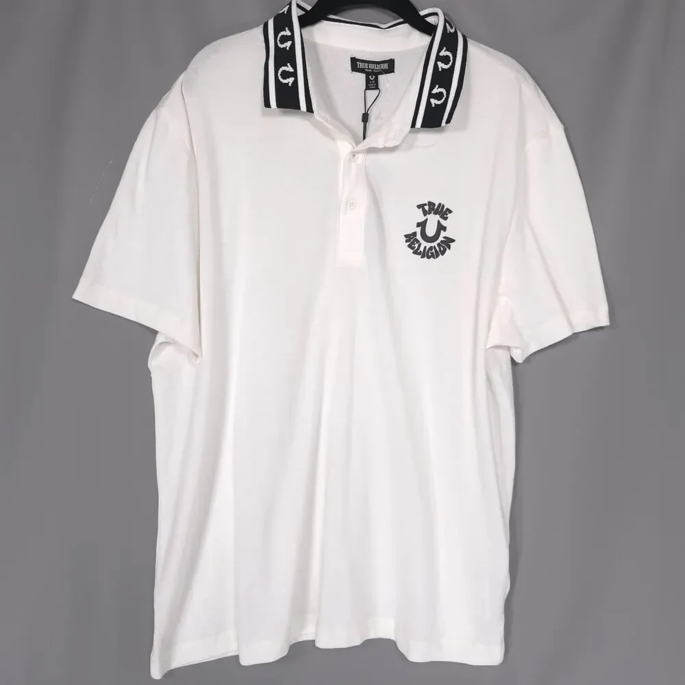 TRUE RELIGION Mens New Polo Shirt LARGE White Logo Graphic 701065 PIQUE POLO